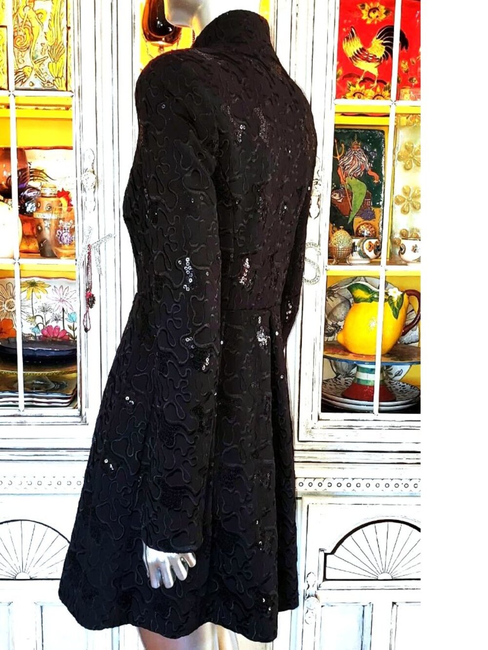Betsey Johnson Vintage Y2K Black Embroidered Sequin Midi Coat Evening Jacket S - Picture 11 of 16